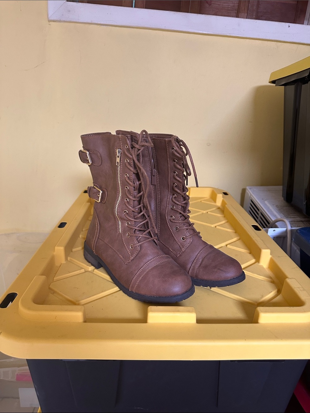 Women’s Brown Lace-Up Combat Boots with Side Buckles
